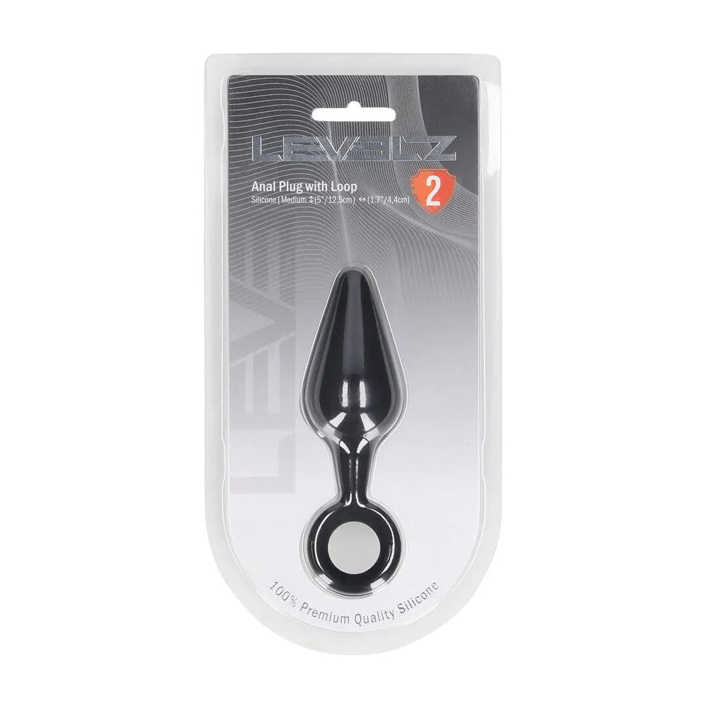 LEVELZ Silicone Anal Plug with Loop - Black Medium Butt Plug
