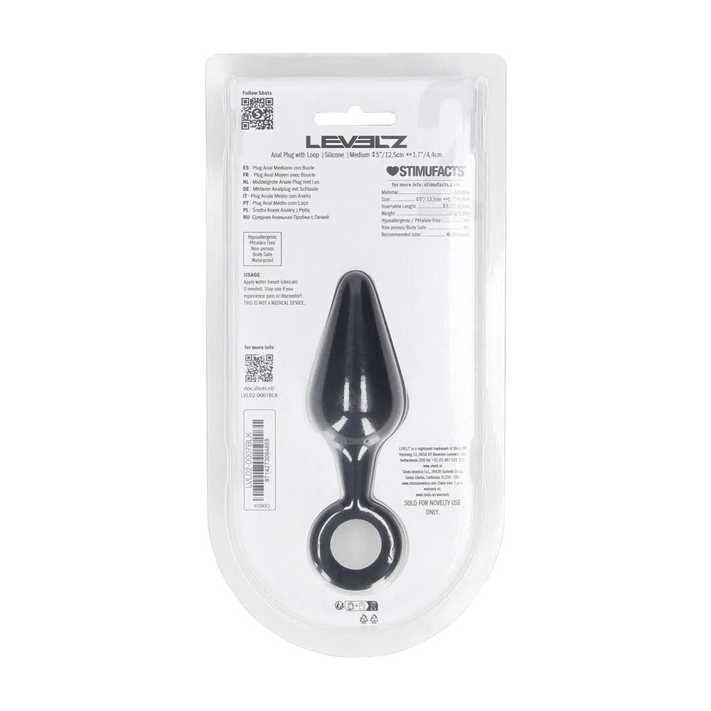 LEVELZ Silicone Anal Plug with Loop - Black Medium Butt Plug