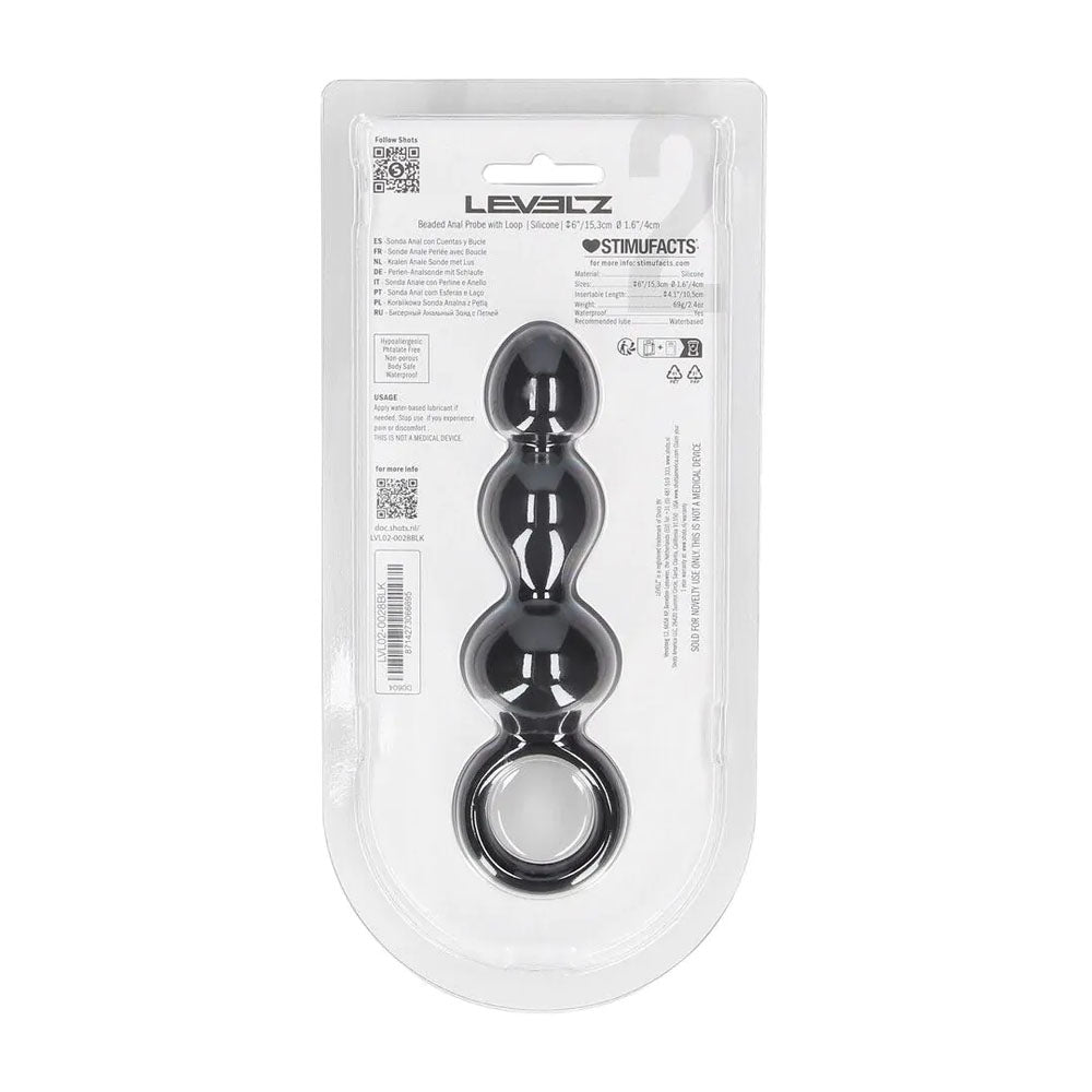 LEVELZ Beaded Silicone Anal Probe with Loop - Black 15.3 cm