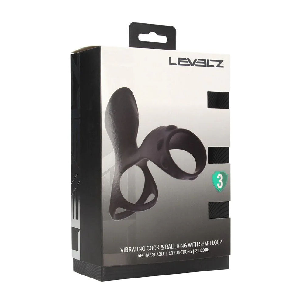 LEVELZ Vibrating Cock & Ball Ring with Shaft Loop - Black USB Rechargeable