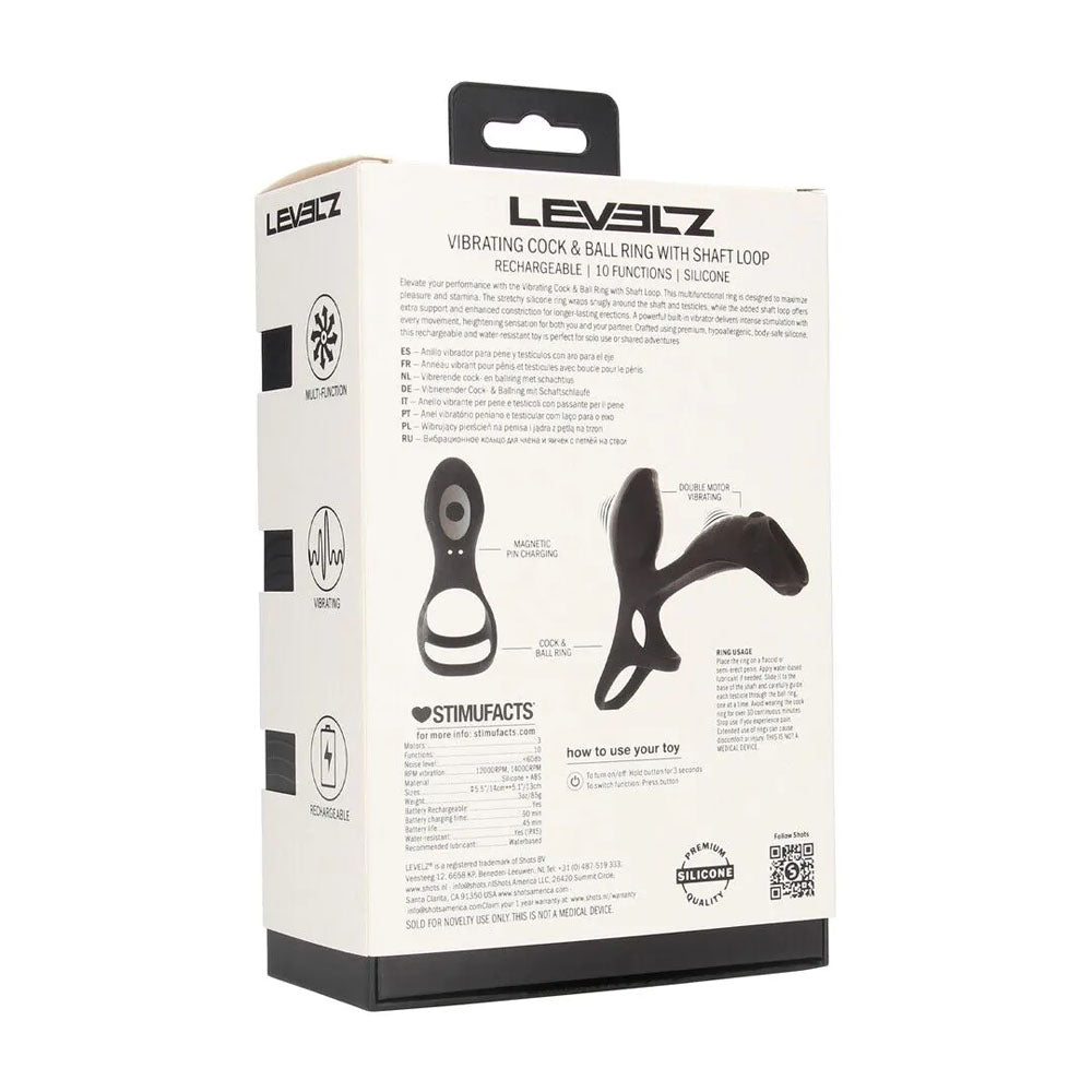 LEVELZ Vibrating Cock & Ball Ring with Shaft Loop - Black USB Rechargeable