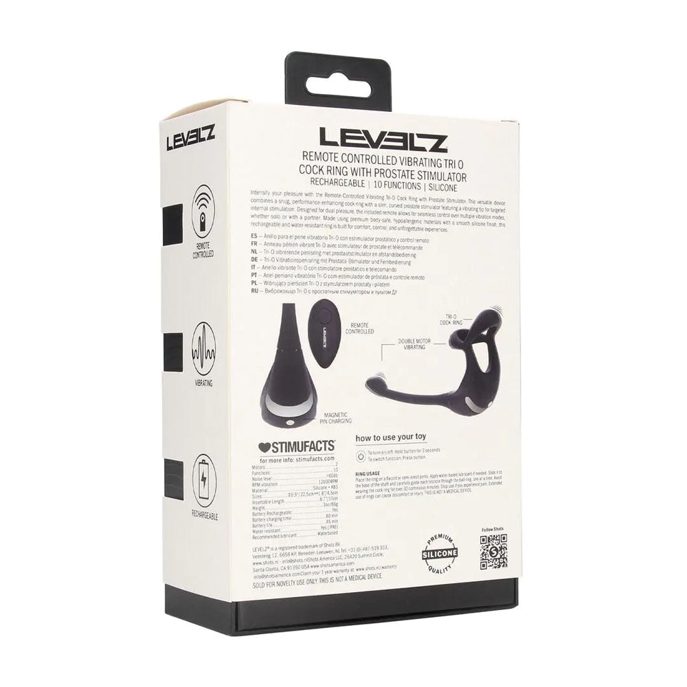 LEVELZ Remote Controlled Vibrating TriO Cock Ring with Prostate Stimulator - Black USB Rechargeable