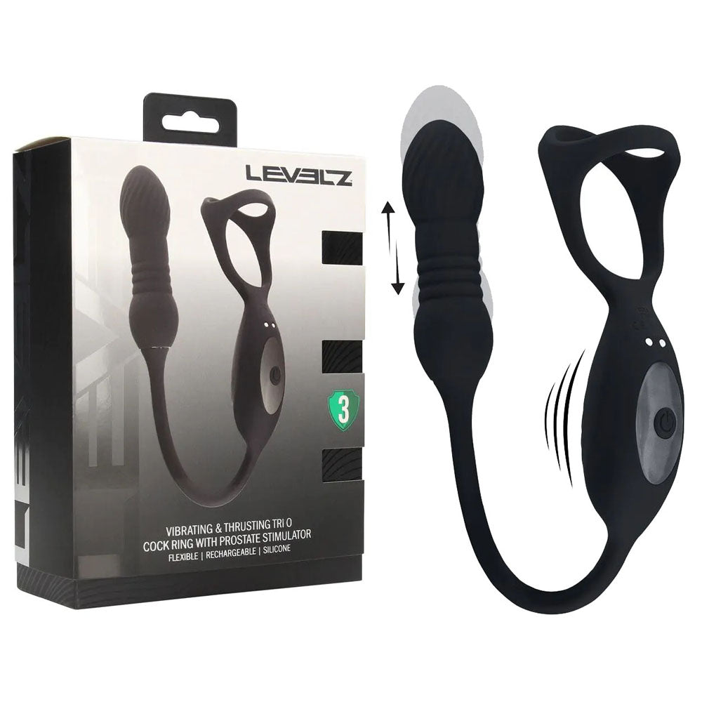 LEVELZ Vibrating & Thrusting TriO Cock Ring with Prostate Stimulator - Black USB Rechargeable