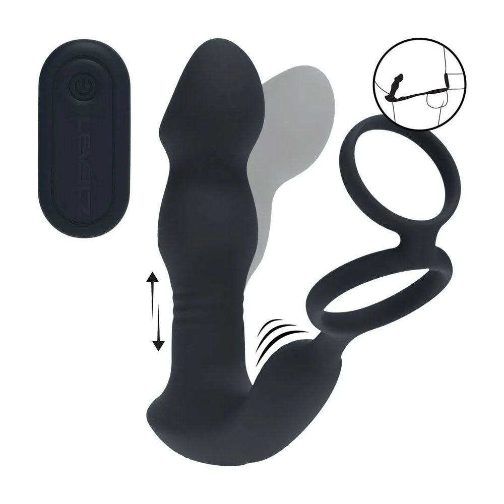LEVELZ Remote Controlled Prostate Stimulator with Cock Ring - Black USB Rechargeable Vibrating Thrusting Prostate Massager