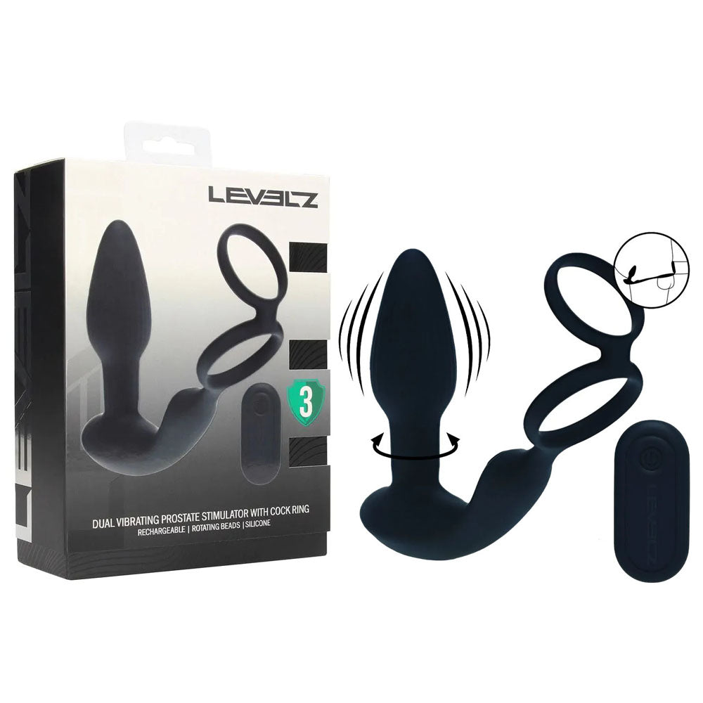 LEVELZ Dual Vibrating Prostate Stimulator with Cock Ring - Black Butt Plug with Cock Ring