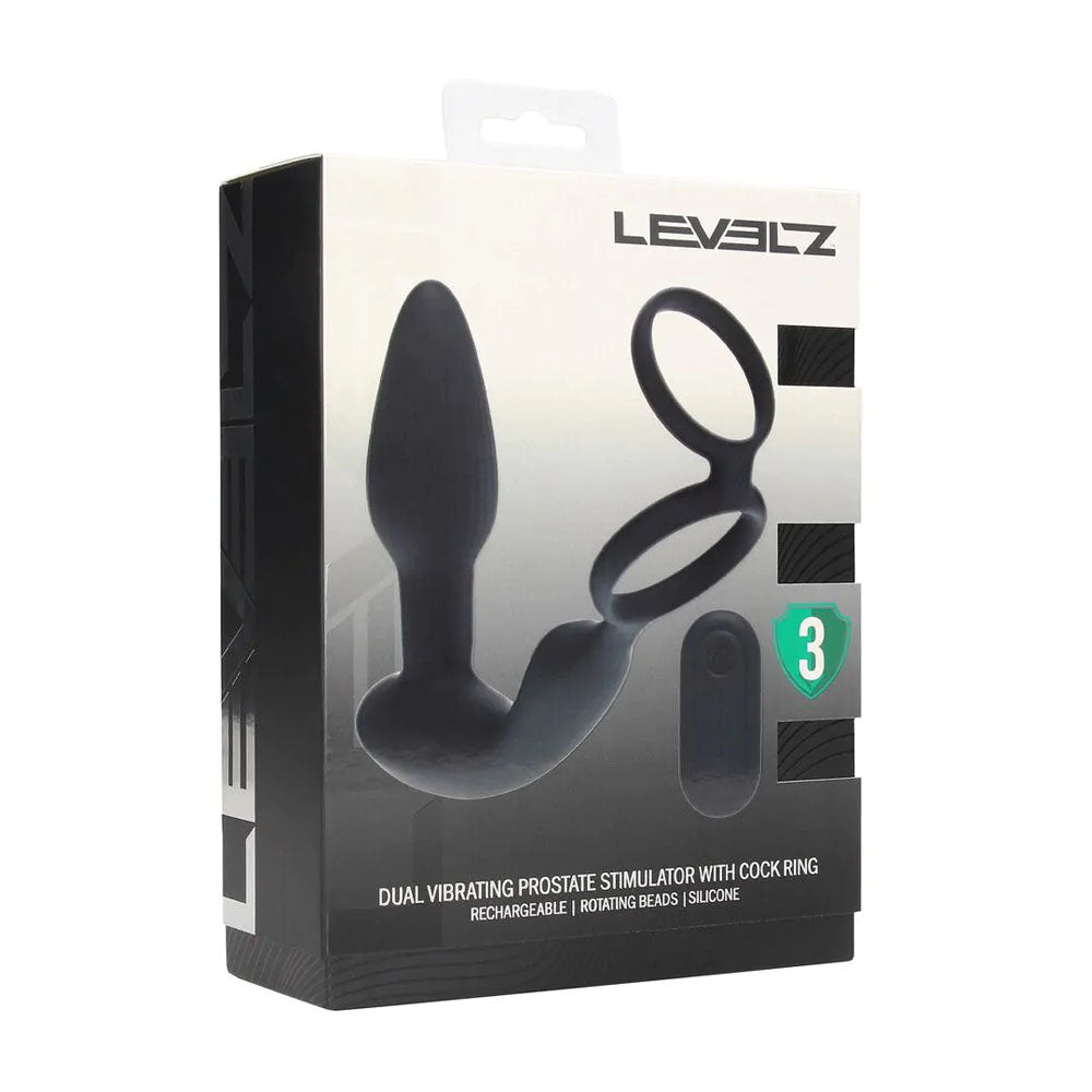 LEVELZ Dual Vibrating Prostate Stimulator with Cock Ring - Black Butt Plug with Cock Ring