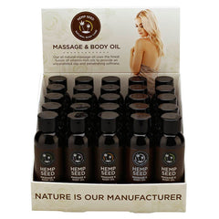 A display pack of Hemp Seed Massage & Body Oil with multiple bottles arranged neatly in a box. The packaging features the brand logo, product name, and an image of a woman relaxing, suggesting a calming effect of the oil.