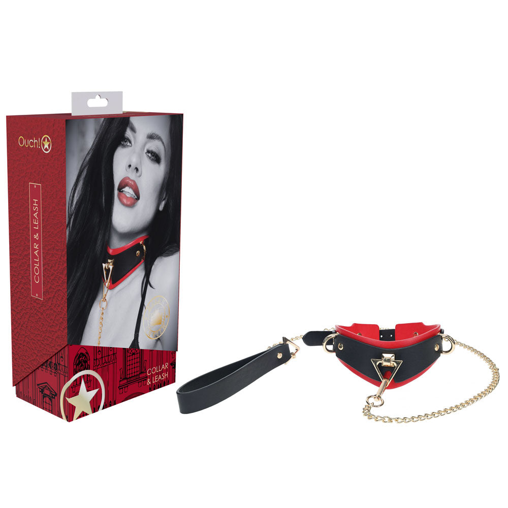 The OUCH! Milan Collection - Collar with Leash, crafted from red and black bonded leather and featuring gold-colored metal accents for a high-fashion appearance, is displayed alongside its packaging box. The box showcases an image of a person wearing the stylish collar, with the text "Ouch!" and "Collar & Leash" prominently visible.