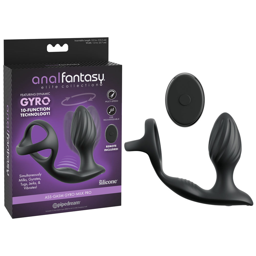 Anal Fantasy Elite Ass-Gasm Gyro-Milk Pro - Black USB Rechargeable Gyrating Butt Plug with Cock Ring