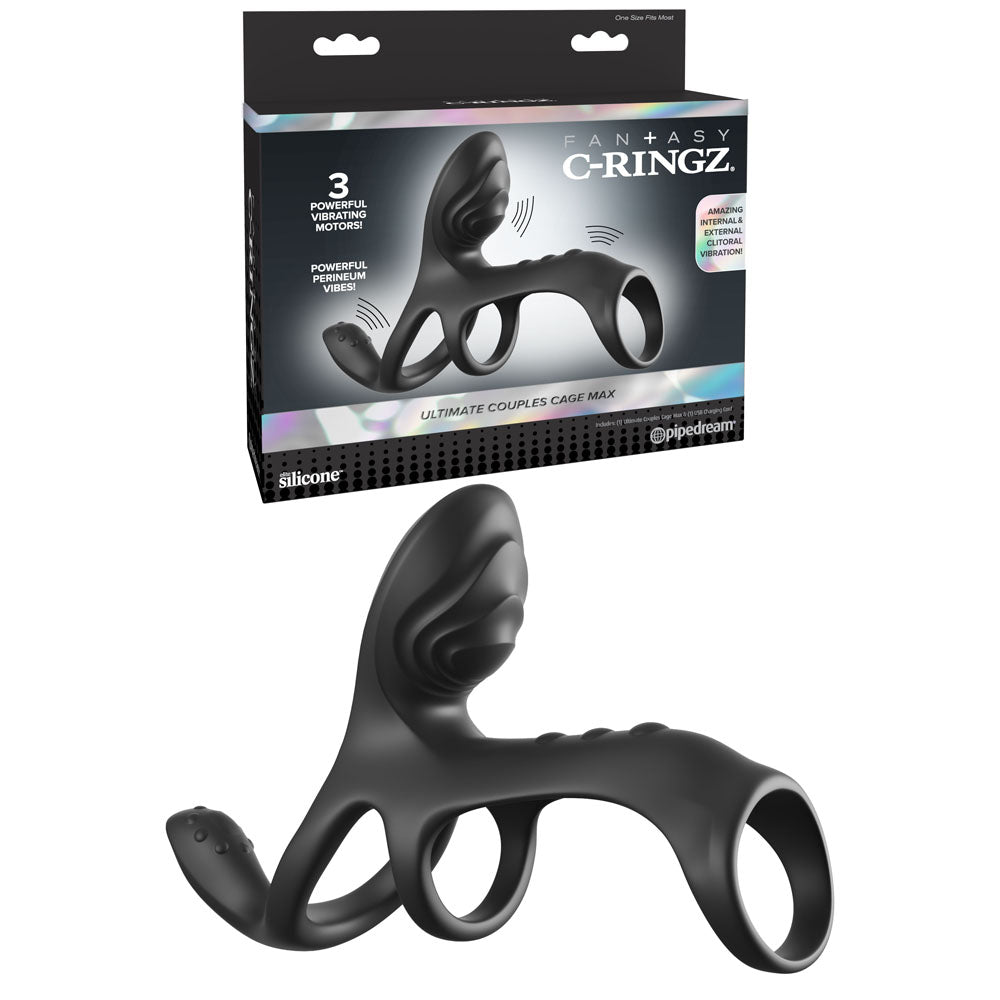 Fantasy C-Ringz Ultimate Couples Cage Max - Black USB Rechargeable Vibrating Cock Ring Cage
