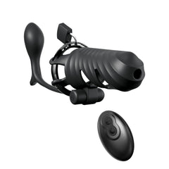 Fantasy C-Ringz Remote-Controlled Vibrating Cock Blocker with Ass-Gasm Plug - Black Vibrating Cock Cage with Anal Plug