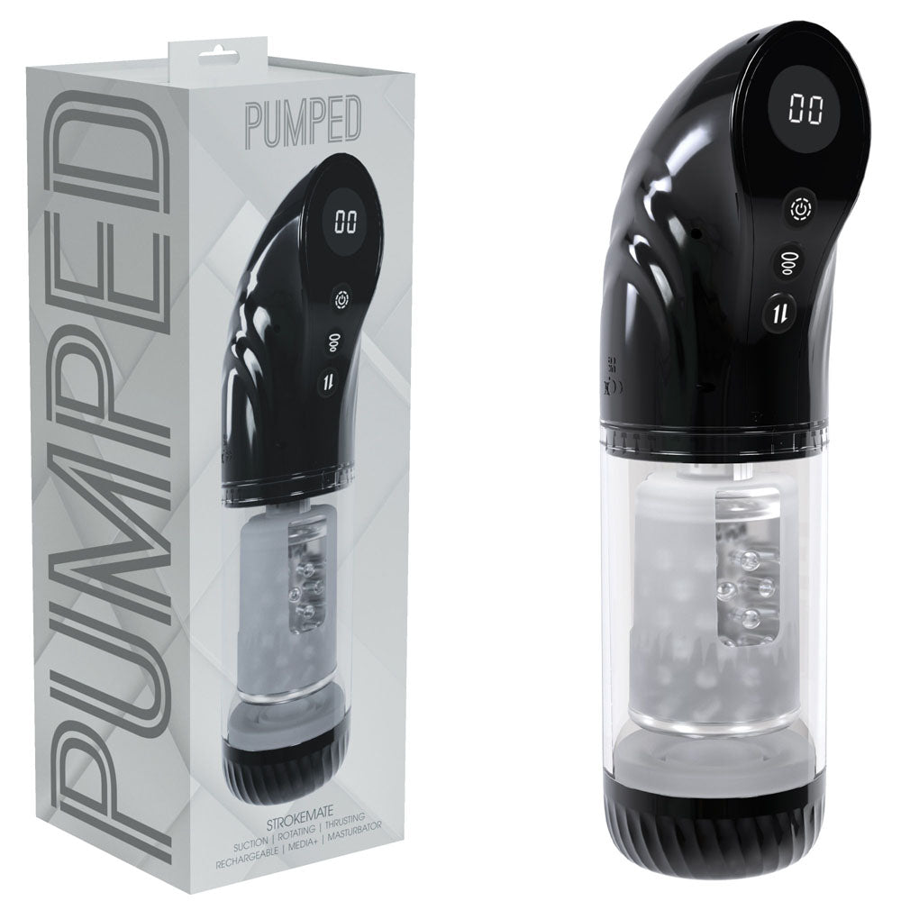 PUMPED Strokemate - Sucking Rotating and Thrusting Auto Masturbator Black/Clear USB Rechargeable