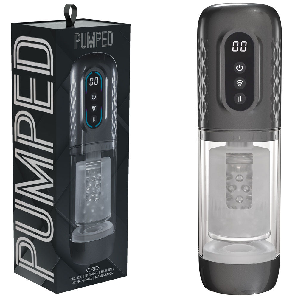 PUMPED Vortex - Sucking Rotating and Thrusting Auto Masturbator Gunmetal Grey/Clear USB Rechargeable