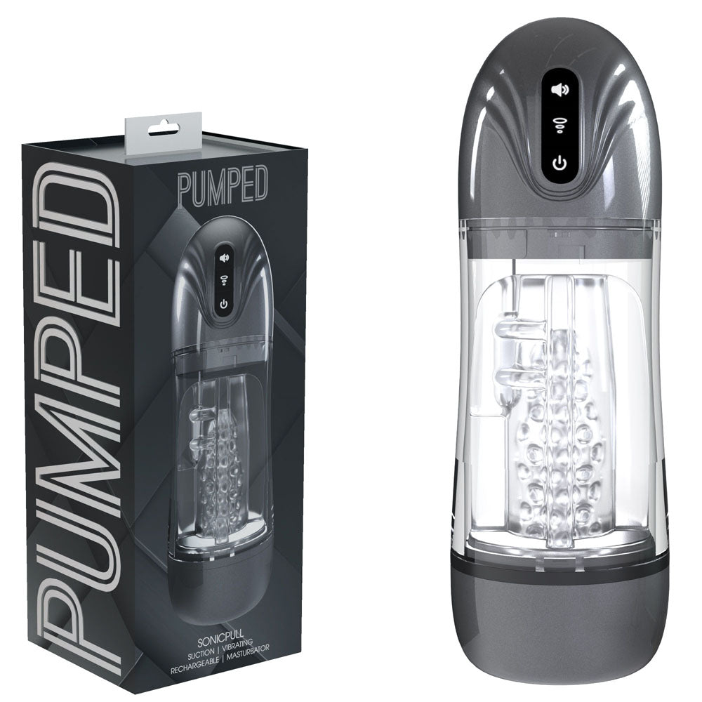 PUMPED SonicPull - Sucking And Vibrating Auto Masturbator Gunmetal Grey/Clear USB Rechargeable
