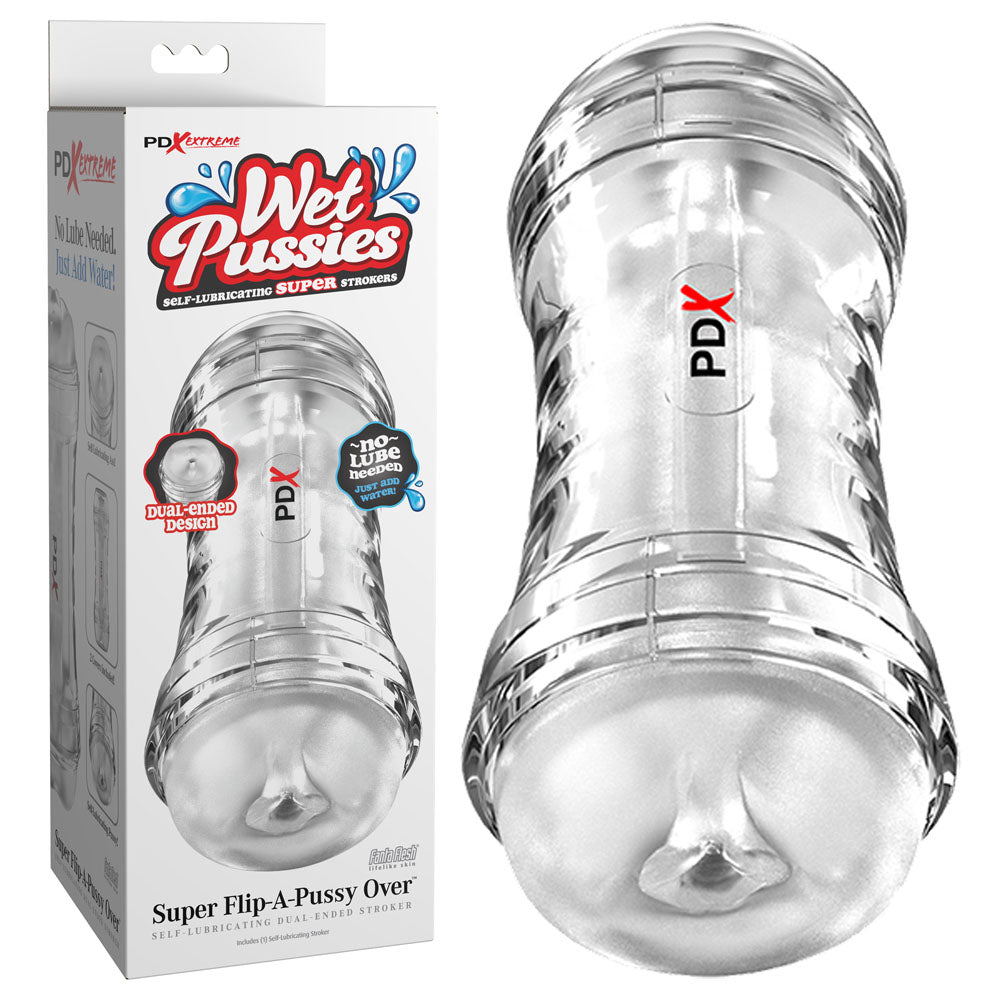 PDX Wet Pussies Super Flip-A-Pussy Over - Clear - Clear Dual Ended Self Lubricating Stroker (Vagina & Ass)