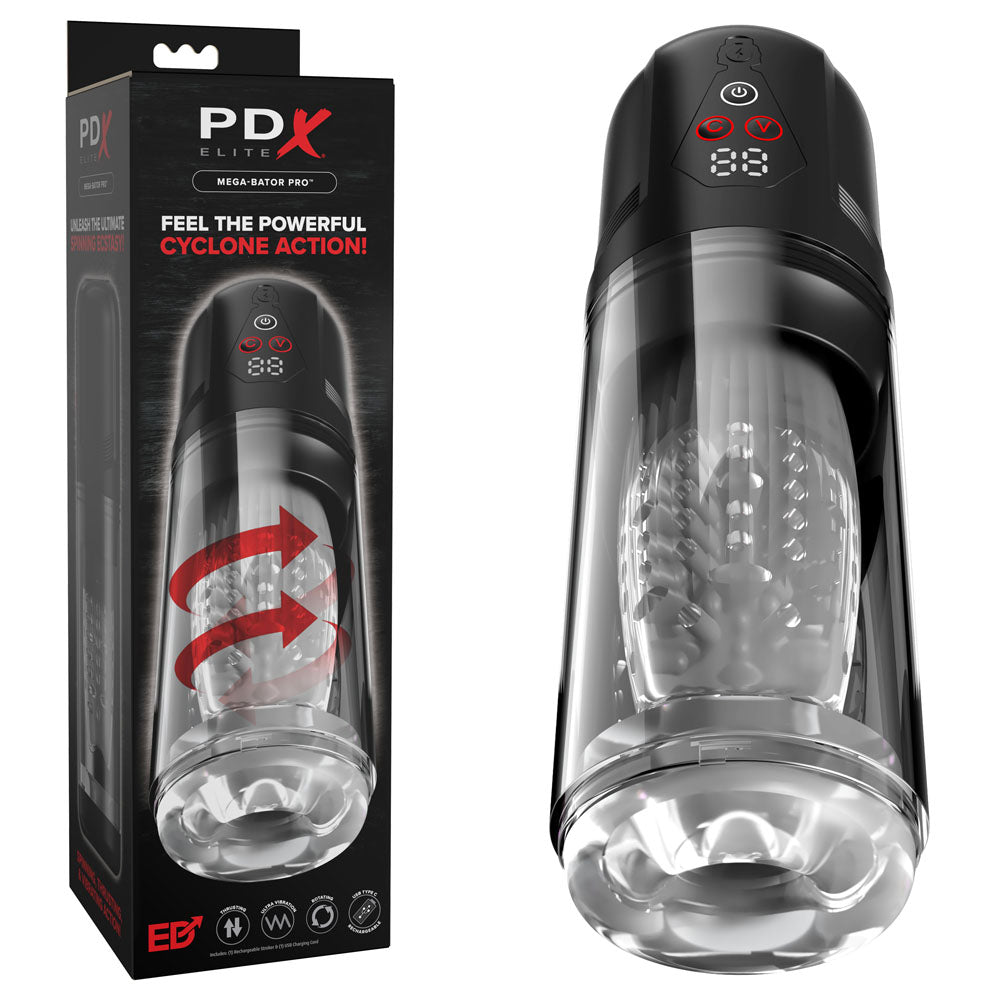 PDX Elite Mega-Bator Pro - Clear USB Rechargeable Vibrating & Spinning Auto Stroker