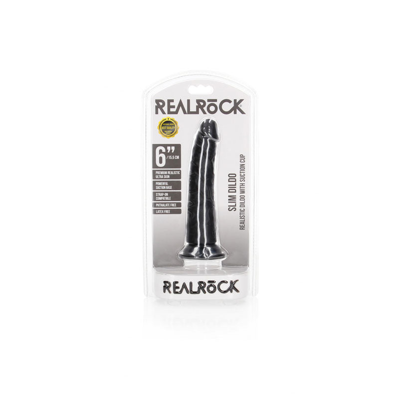 REALROCK Realistic Slim Black Dildo without Balls - 15.5 cm