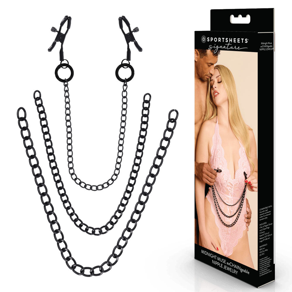 SPORTSHEETS Signature Midnight Muse exCHAINgeable Nipple Jewelry - Black Nipple Clamps with Chain