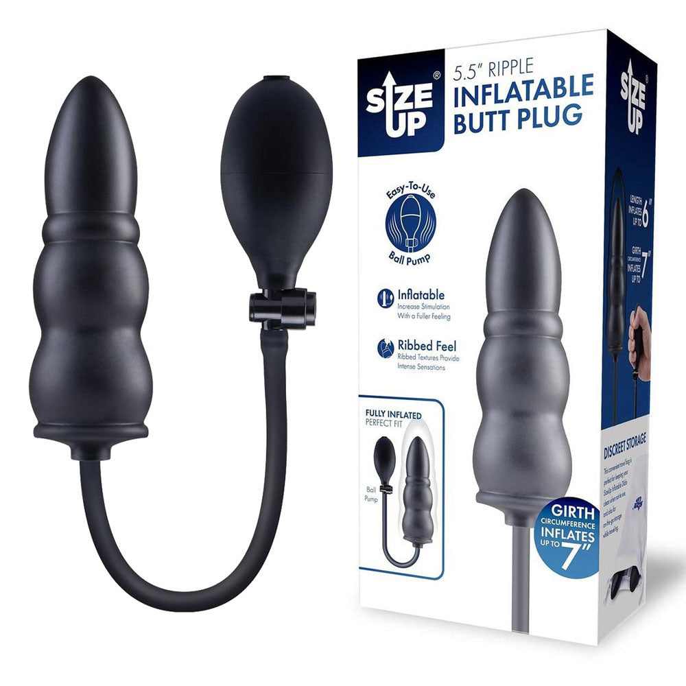 Size Up 5.5 Inch Ripple Inflatable Butt Plug - Black 15.2 cm