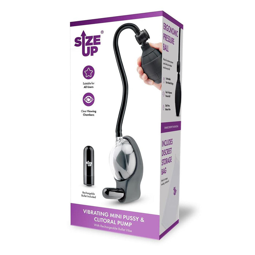 Size Up Vibrating Mini Pussy & Clitoral Pump - Clear USB Rechargeable Vibrating Vaginal Pump