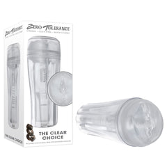 The Zero Tolerance THE CLEAR CHOICE Stroker Masturbator is a transparent male masturbator with a realistic design and ergonomic grip, packaged in a white box labeled "Zero Tolerance - The Clear Choice." The box contains the stroker, cock ring, and movie combo. Aptly named for its clear composition, the product also features a realistic vaginal entry.