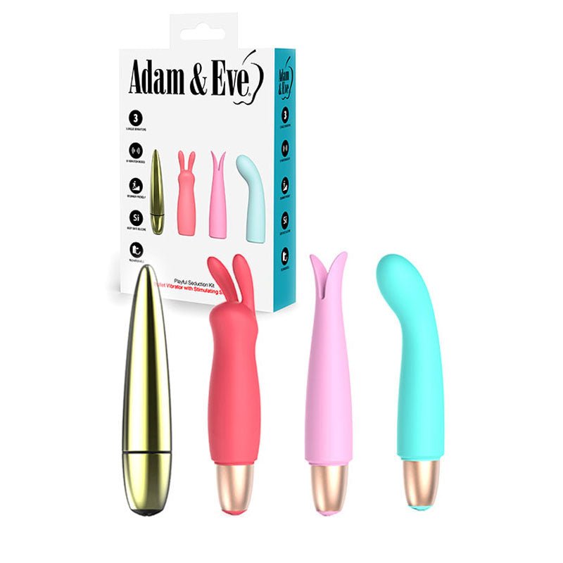 Adam & Eve PLAYFUL SEDUCTION KIT - USB Rechargeable Vibrator with 3 Interchangeable Sleeves - BULLETS & EGGS - Mr and Mrs D's