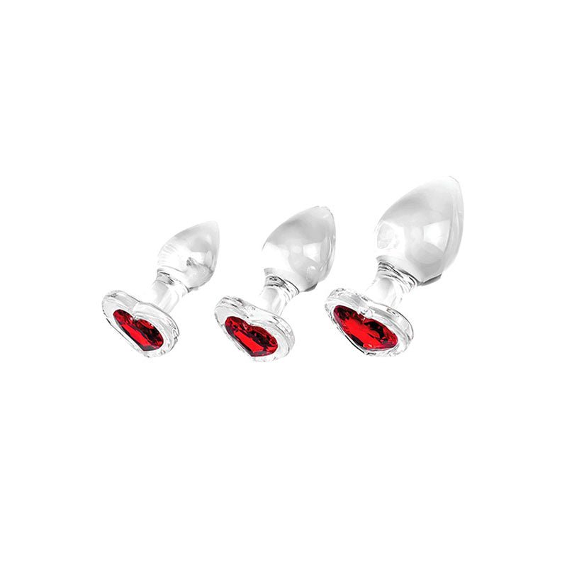 Adam & Eve RED HEART GEM GLASS BUTT PLUG SET - Clear - ANAL TOYS - Mr and Mrs D's