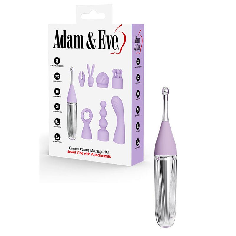 Adam & Eve SWEET DREAMS MASSAGER KIT - Lavender USB Rechargeable Point Stimulator with 8 Interchangeable Tips - Mr and Mrs D's