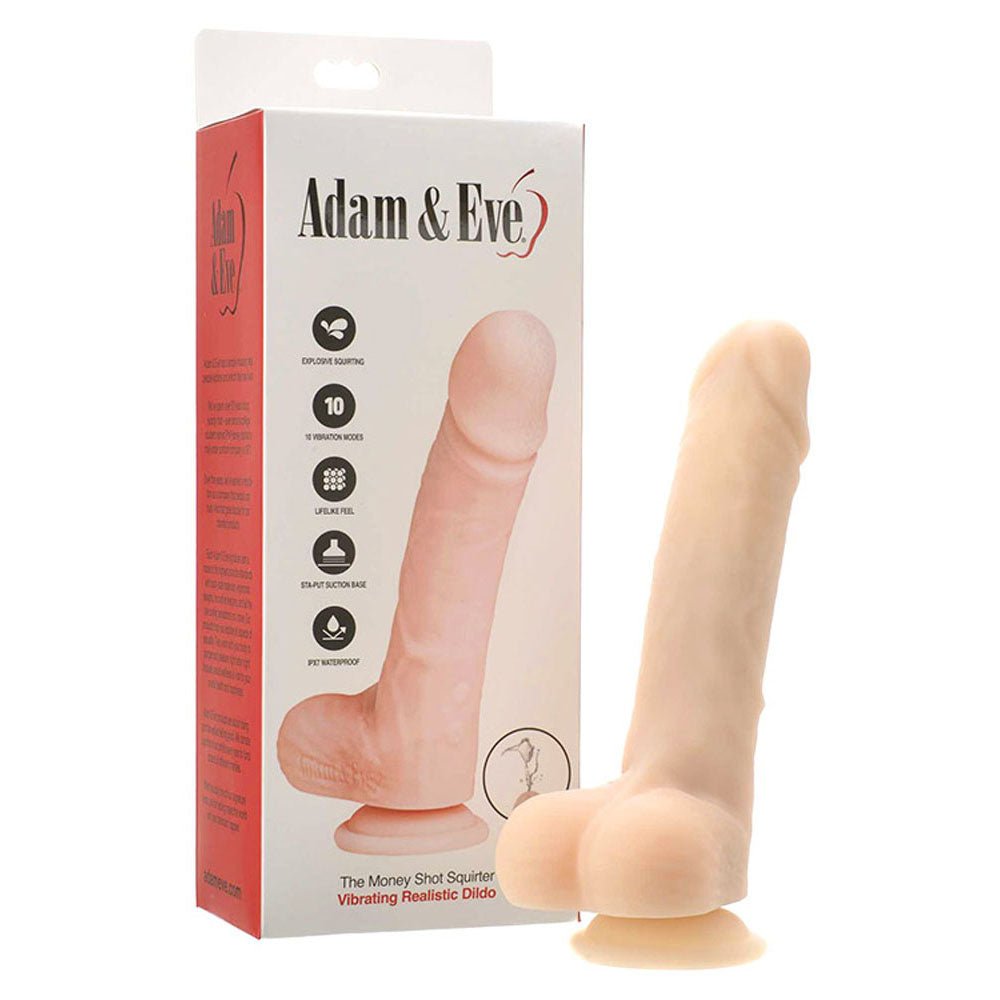 Vibrating realistic dildo with Adam & Eve packaging on a white background