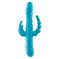 Adam & Eve THRUSTING TRIPLE JOY RABBIT - Teal 25.4 cm USB Rechargeable Rabbit Vibrator with Anal Probe - Mr and Mrs D's