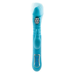 Adam & Eve THRUSTING TRIPLE JOY RABBIT - Teal 25.4 cm USB Rechargeable Rabbit Vibrator with Anal Probe - Mr and Mrs D's