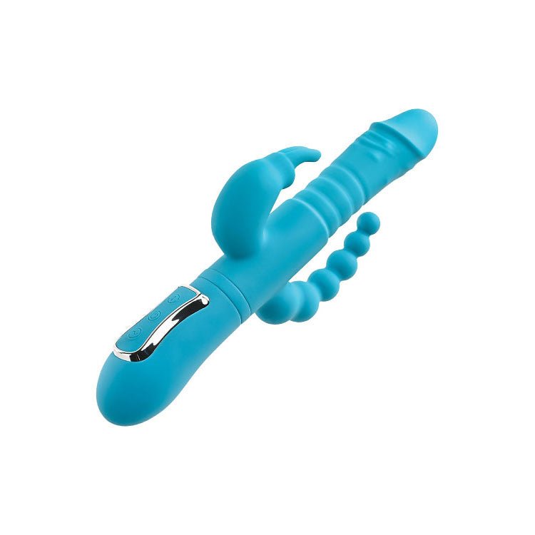 Adam & Eve THRUSTING TRIPLE JOY RABBIT - Teal 25.4 cm USB Rechargeable Rabbit Vibrator with Anal Probe - VIBRATORS - RABBIT - Mr and Mrs D's