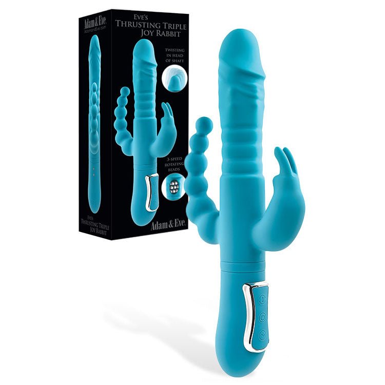 Adam & Eve THRUSTING TRIPLE JOY RABBIT - Teal 25.4 cm USB Rechargeable Rabbit Vibrator with Anal Probe - VIBRATORS - RABBIT - Mr and Mrs D's