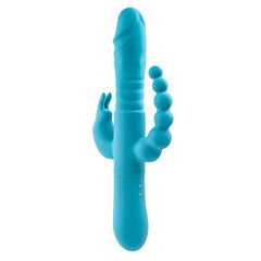 Adam & Eve THRUSTING TRIPLE JOY RABBIT - Teal 25.4 cm USB Rechargeable Rabbit Vibrator with Anal Probe - Mr and Mrs D's