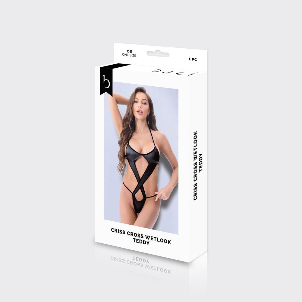 BACI WL Criss Cross Wetlook Teddy - Black - One Size - LINGERIE & BODY WEAR - Mr and Mrs D's