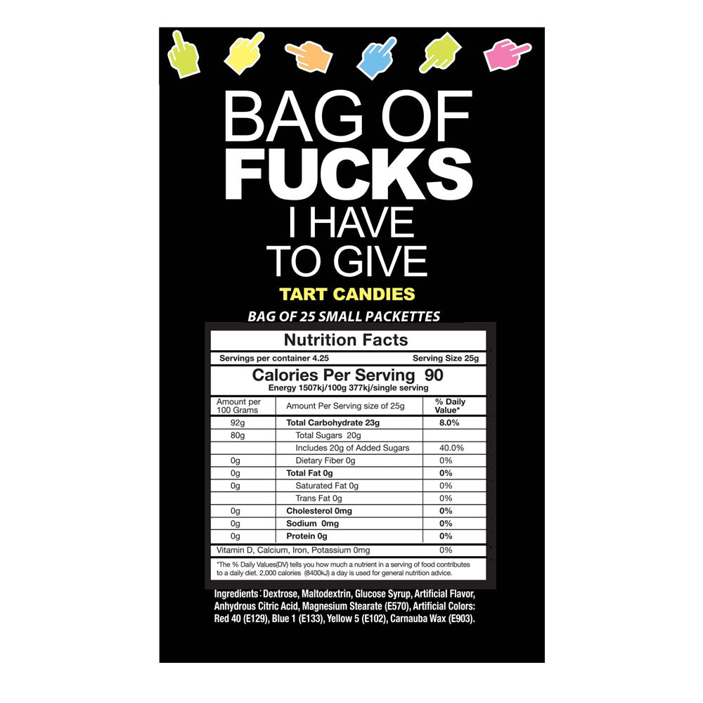 Bag Of Fucks I Have To Give - Bag of 25 - Fruit Flavoured Lollies - Bag of 25 Mini Packs - Mr and Mrs D's