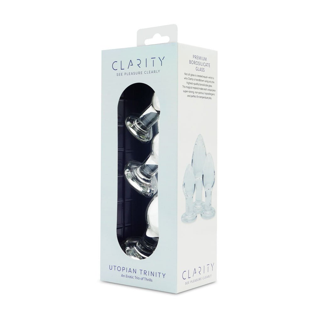 Clarity - Utopian Trinity - Clear Glass Butt Plugs - Set of 3 Sizes - GLASS TOYS - Mr and Mrs D's