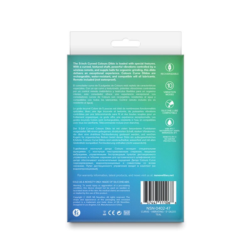 Colours Curve - Vibrating 5'' Dildo - Teal - Teal 12.6 cm USB Rechargeable Vibrating Dildo with Wireless Remote - DONGS - Mr and Mrs D's