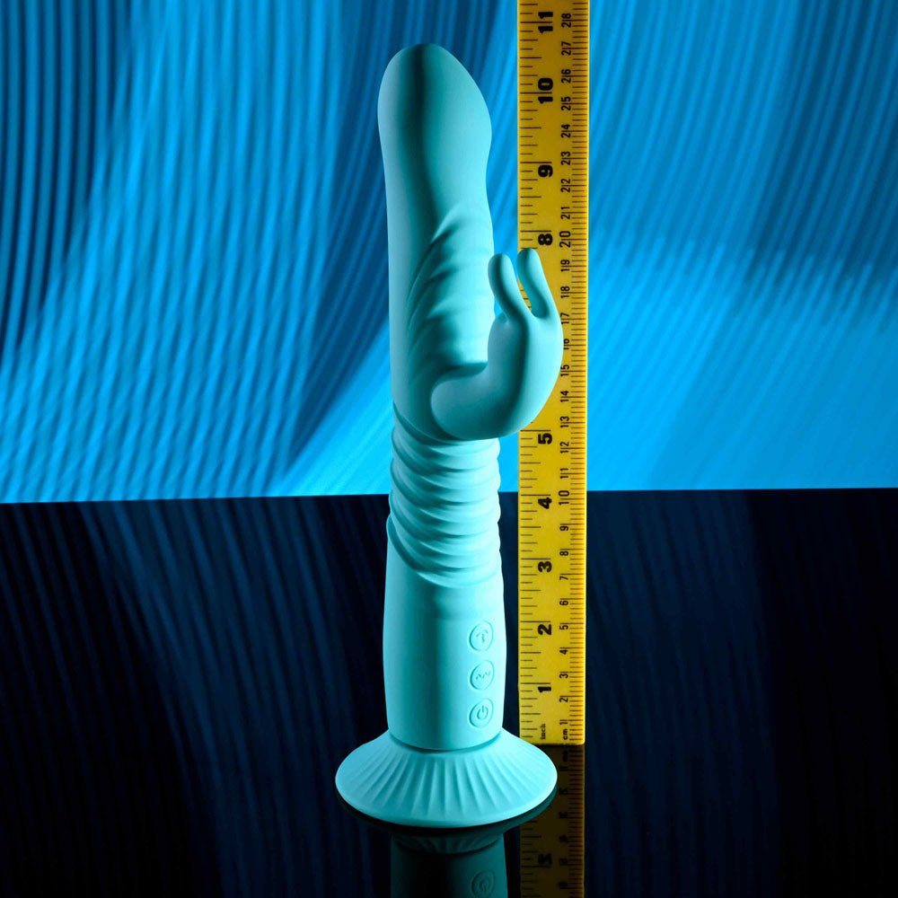 Evolved BUNNY HOP - Teal 25.1 cm USB Rechargeable Thrusting Rabbit Vibrator with Suction Base - VIBRATORS - Mr and Mrs D's