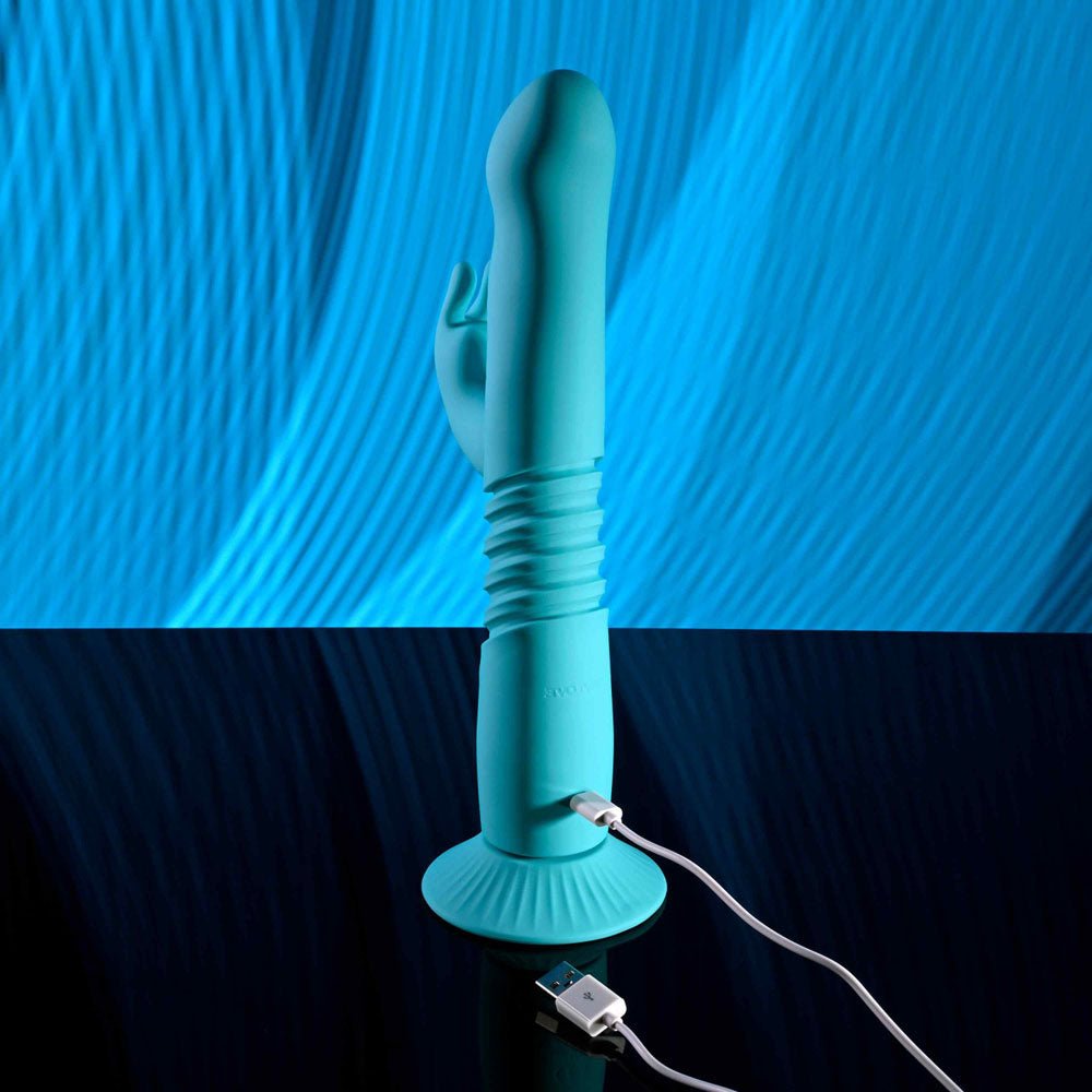 Evolved BUNNY HOP - Teal 25.1 cm USB Rechargeable Thrusting Rabbit Vibrator with Suction Base - VIBRATORS - Mr and Mrs D's