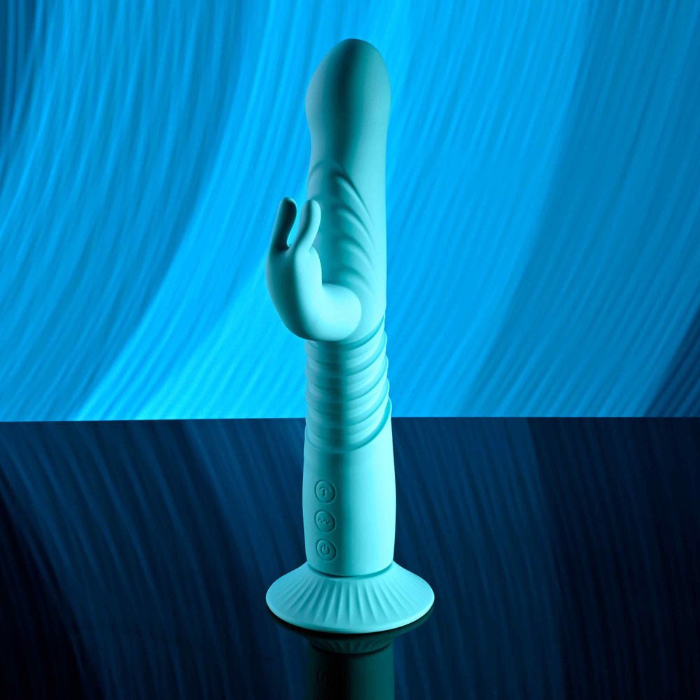 Evolved BUNNY HOP - Teal 25.1 cm USB Rechargeable Thrusting Rabbit Vibrator with Suction Base - VIBRATORS - Mr and Mrs D's