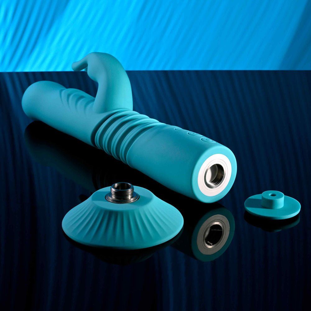 Evolved BUNNY HOP - Teal 25.1 cm USB Rechargeable Thrusting Rabbit Vibrator with Suction Base - VIBRATORS - Mr and Mrs D's