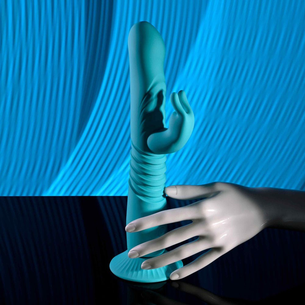 Evolved BUNNY HOP - Teal 25.1 cm USB Rechargeable Thrusting Rabbit Vibrator with Suction Base - VIBRATORS - Mr and Mrs D's