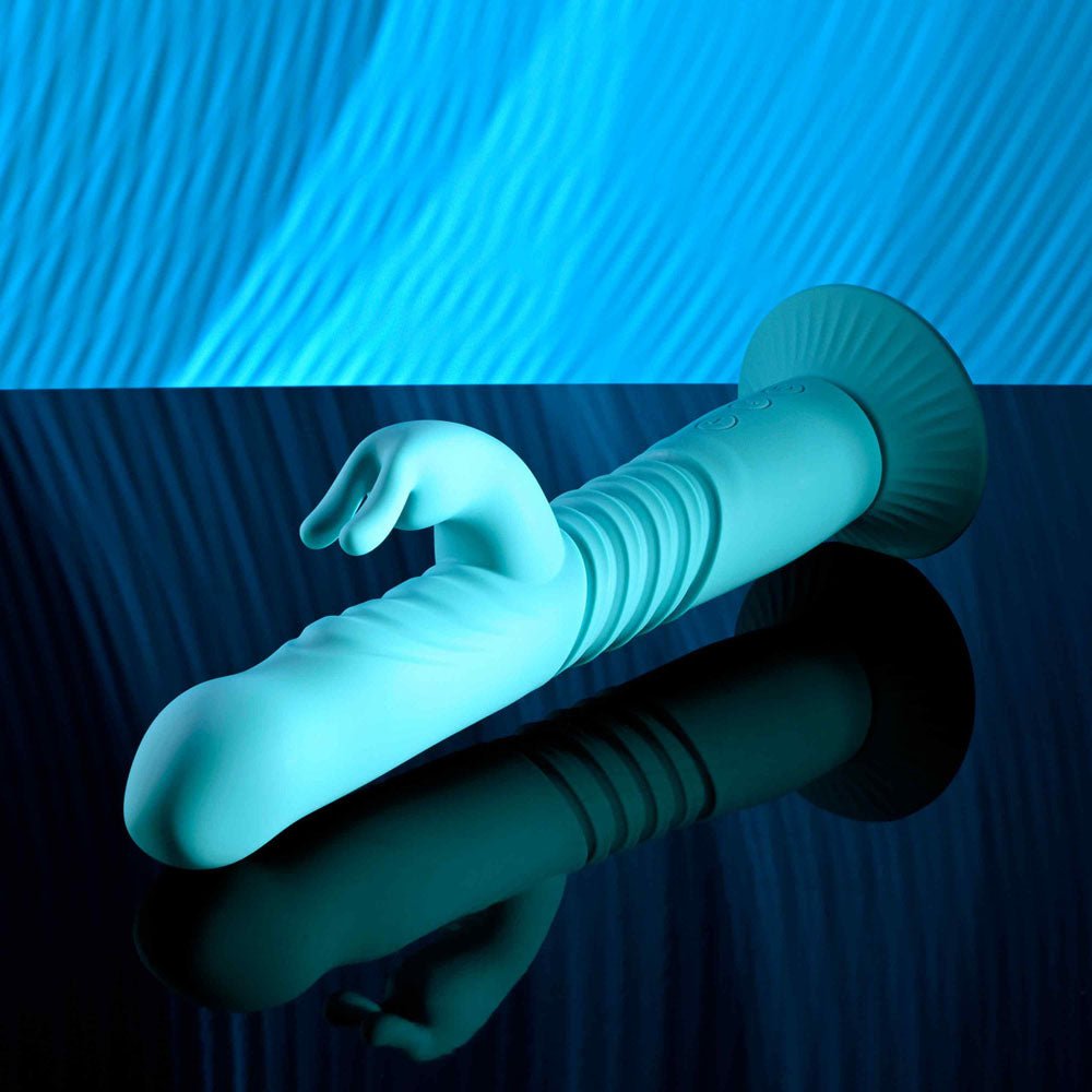 Evolved BUNNY HOP - Teal 25.1 cm USB Rechargeable Thrusting Rabbit Vibrator with Suction Base - VIBRATORS - Mr and Mrs D's