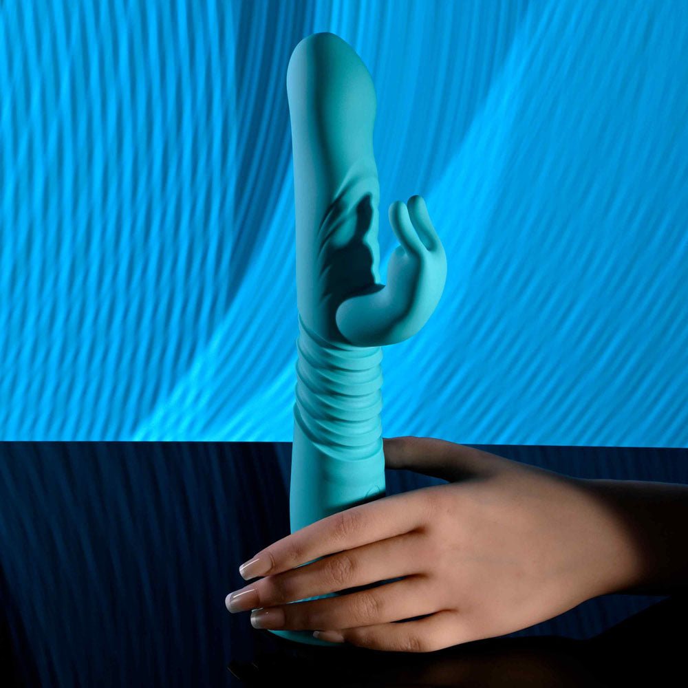 Evolved BUNNY HOP - Teal 25.1 cm USB Rechargeable Thrusting Rabbit Vibrator with Suction Base - VIBRATORS - Mr and Mrs D's
