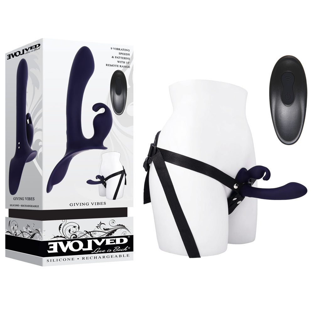 Evolved GIVING VIBES - Black 14.6 cm USB Rechargeable Vibrating Strap - On with Remote - Mr and Mrs D's