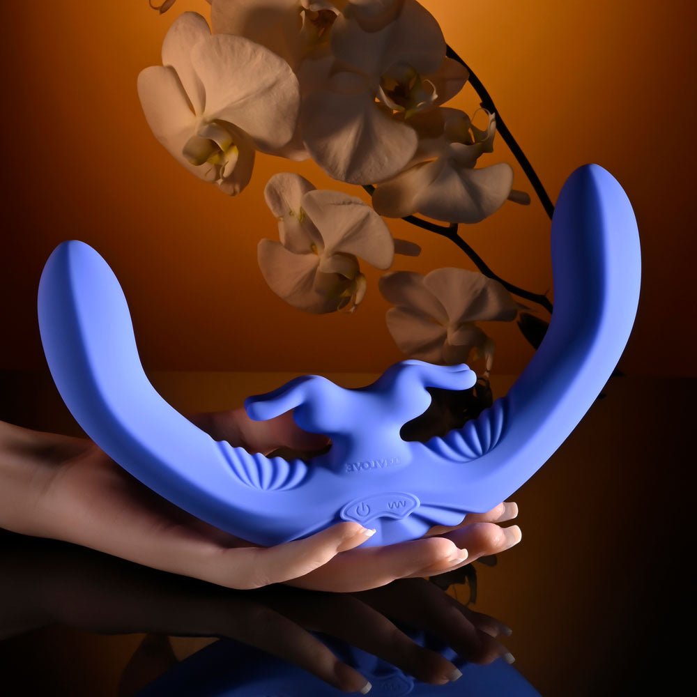 Evolved LOVEBIRDS - Purple 20.8 cm USB Rechargeable Double - Ended Rabbit Vibrator with Remote - Mr and Mrs D's