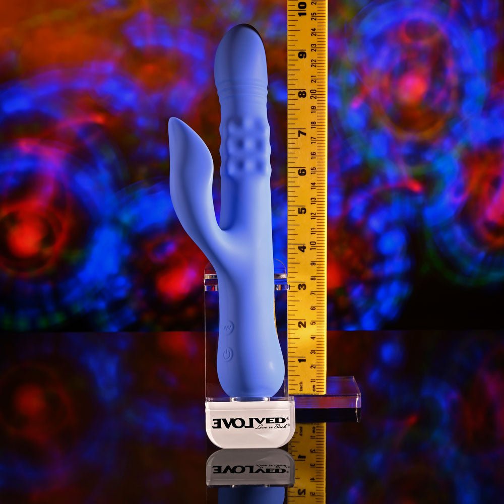 Evolved POP GOES THE O - Purple 24.7 cm USB Rechargeable Thrusting & Bulging Rabbit Vibrator - Mr and Mrs D's
