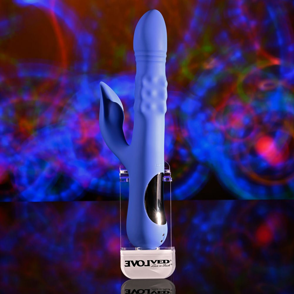 Evolved POP GOES THE O - Purple 24.7 cm USB Rechargeable Thrusting & Bulging Rabbit Vibrator - Mr and Mrs D's