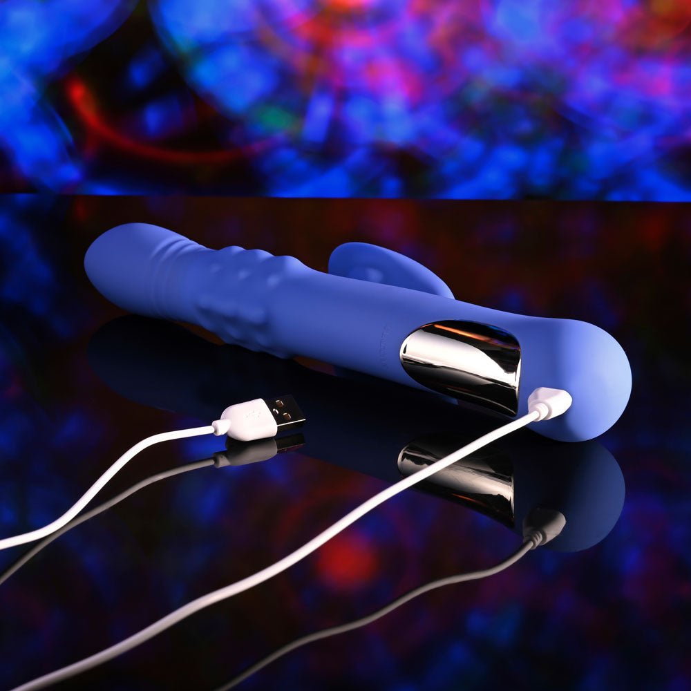 Evolved POP GOES THE O - Purple 24.7 cm USB Rechargeable Thrusting & Bulging Rabbit Vibrator - Mr and Mrs D's